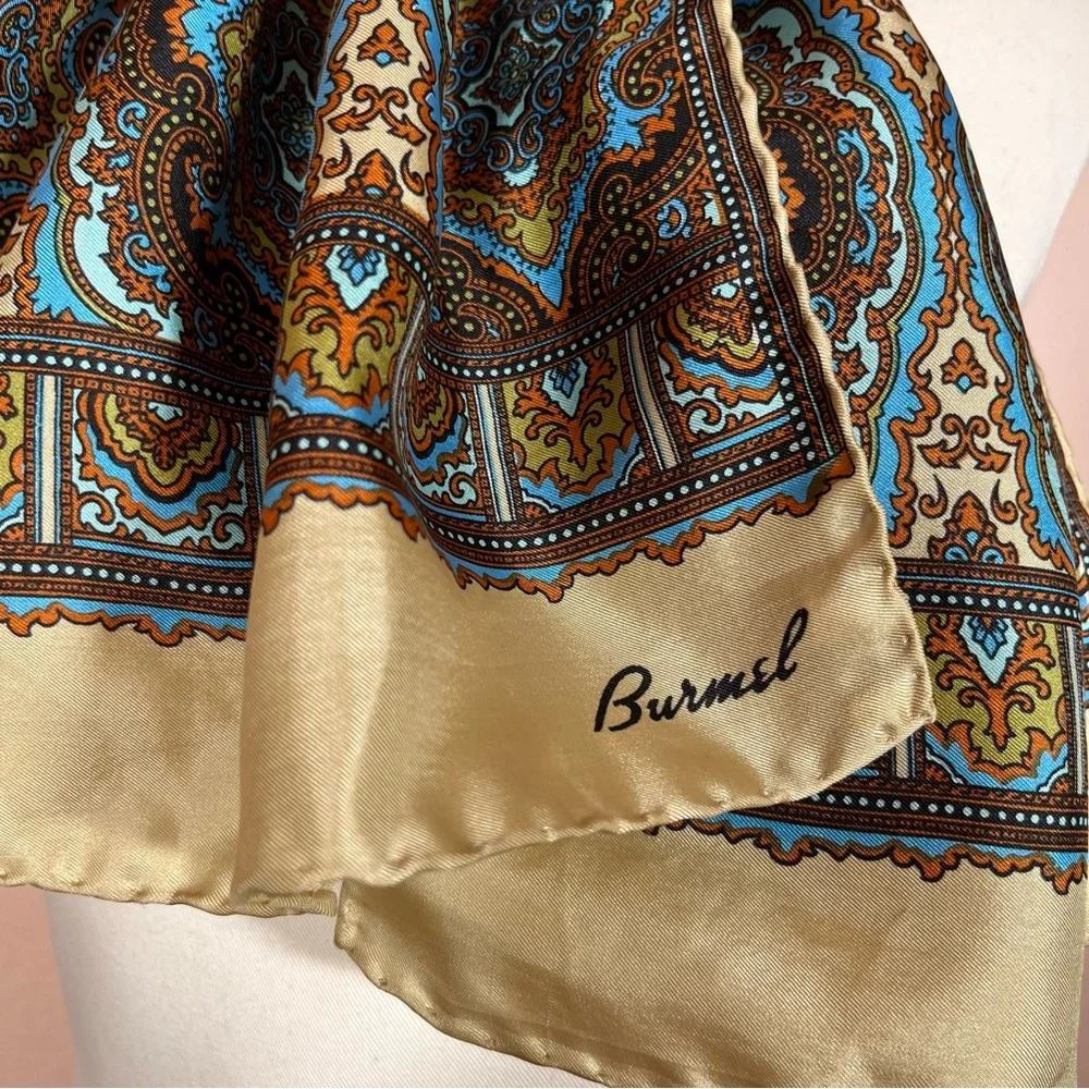 Vintage 1960 70 Burmel Mod Camel Brown blue Silk Made in Italy long Skinny Scarf